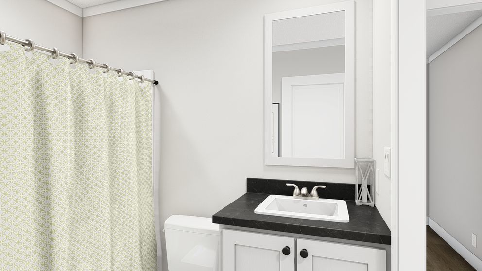 The MOVE ON UP Guest Bathroom. This Manufactured Mobile Home features 3 bedrooms and 2 baths.
