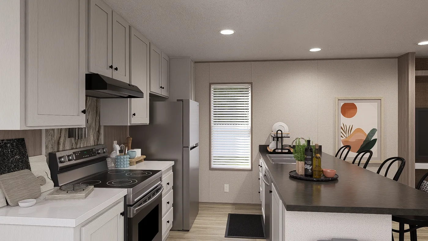 The BLAZER 66 F Kitchen. This Manufactured Mobile Home features 3 bedrooms and 2 baths.