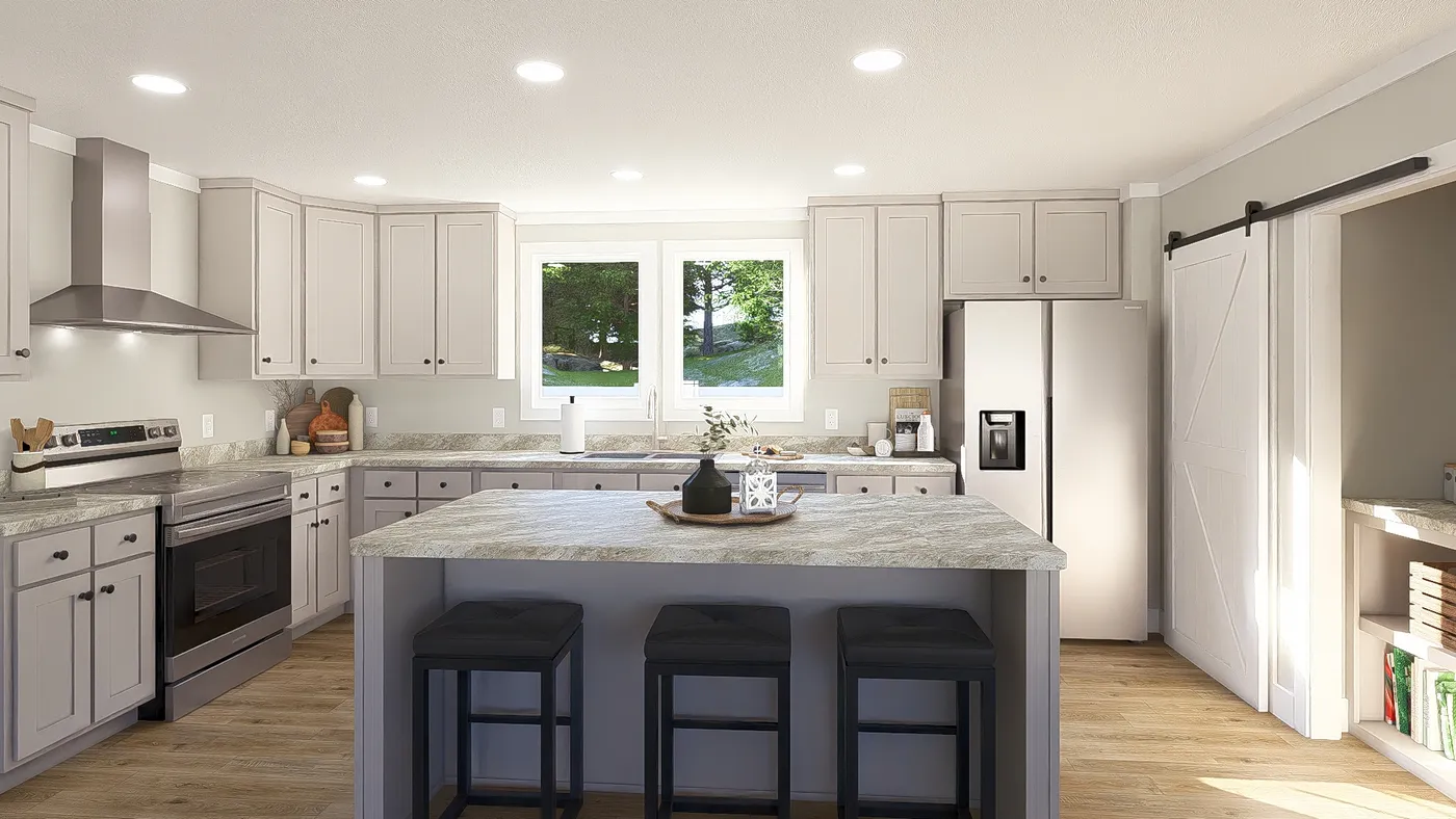 The THE BREEZE 64 Kitchen. This Manufactured Mobile Home features 4 bedrooms and 2 baths.