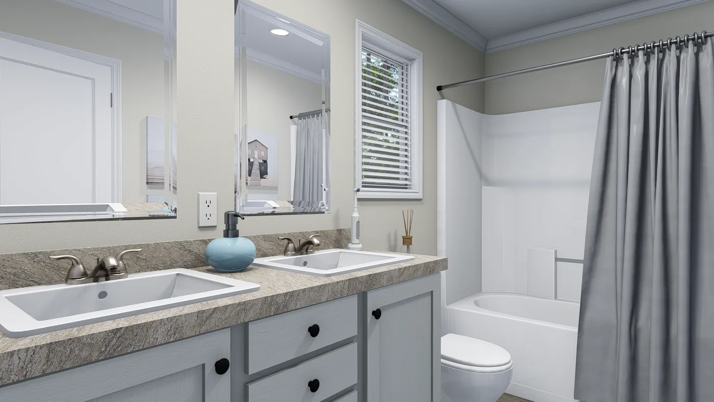 The 930  "HOLDEN" 7616 Primary Bathroom. This Manufactured Mobile Home features 3 bedrooms and 2 baths.