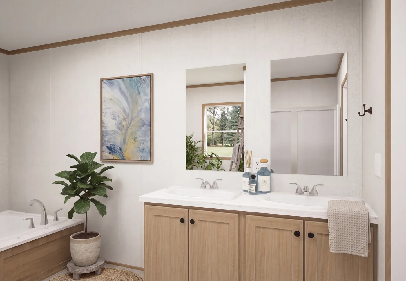 The THE MOUNTAINEER 68 Primary Bathroom. This Manufactured Mobile Home features 4 bedrooms and 2 baths.