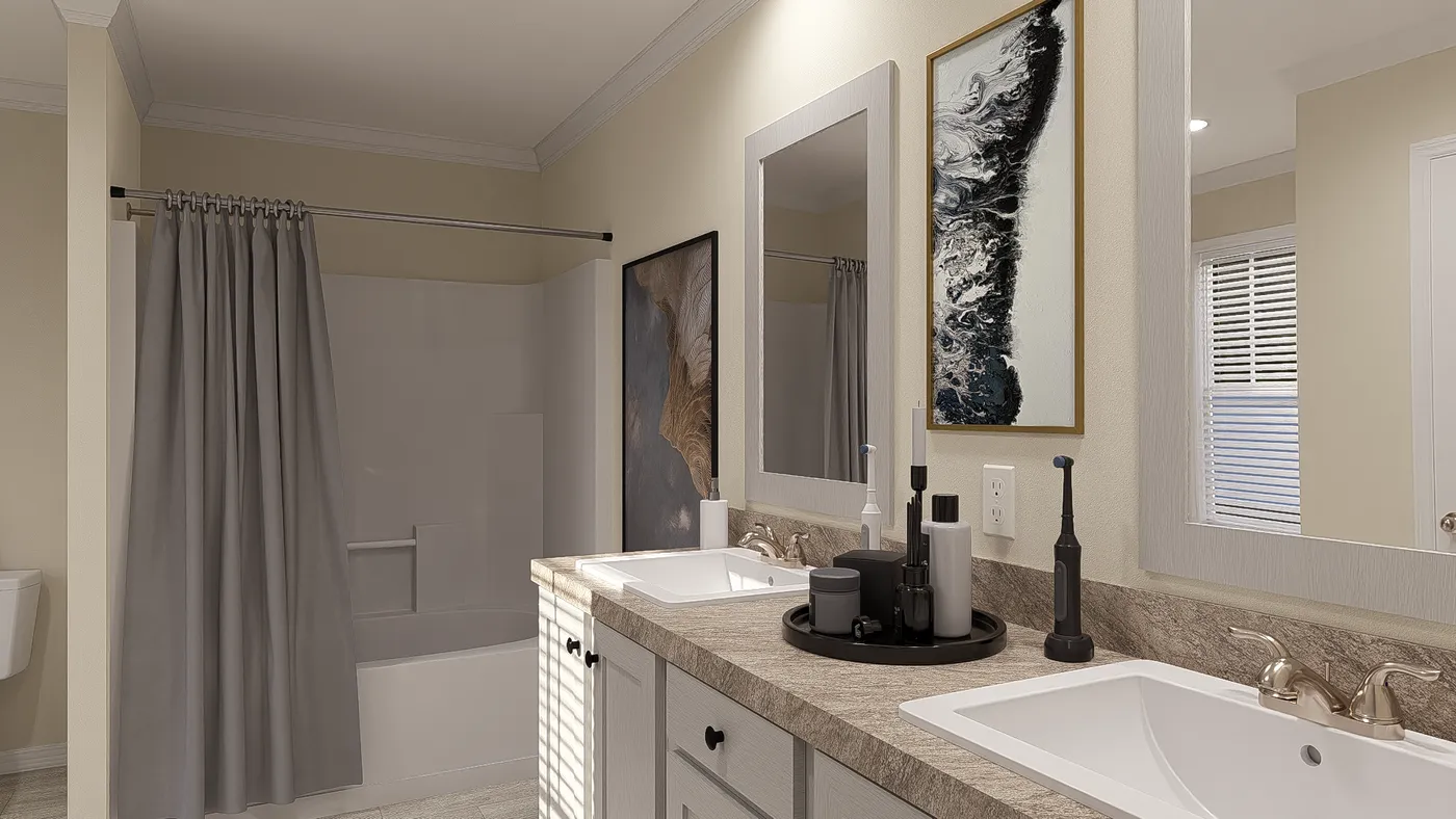 The 3031 "BIRDIE" 6428 Primary Bathroom. This Manufactured Mobile Home features 4 bedrooms and 2 baths.