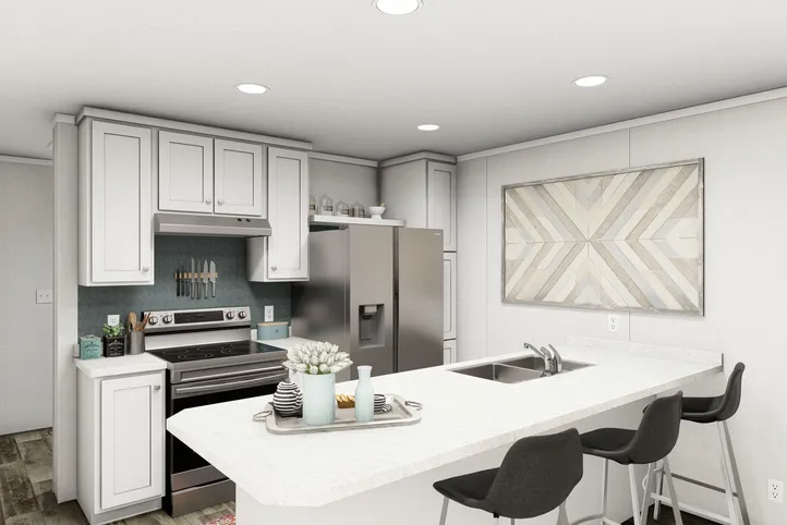 The JADE Kitchen. This Manufactured Mobile Home features 2 bedrooms and 1 bath.