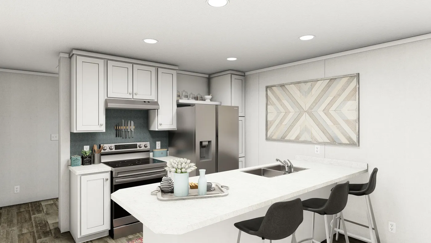 The JADE Kitchen. This Manufactured Mobile Home features 2 bedrooms and 1 bath.