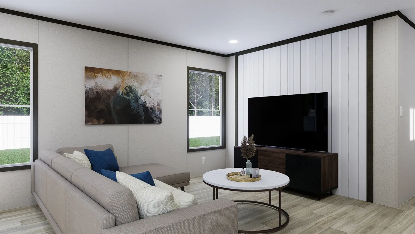 The THE SPARK Living Room. This Manufactured Mobile Home features 3 bedrooms and 2 baths.