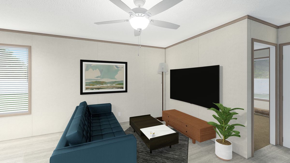 The 5216-4790 THE PULSE Living Room. This Manufactured Mobile Home features 2 bedrooms and 1 bath.