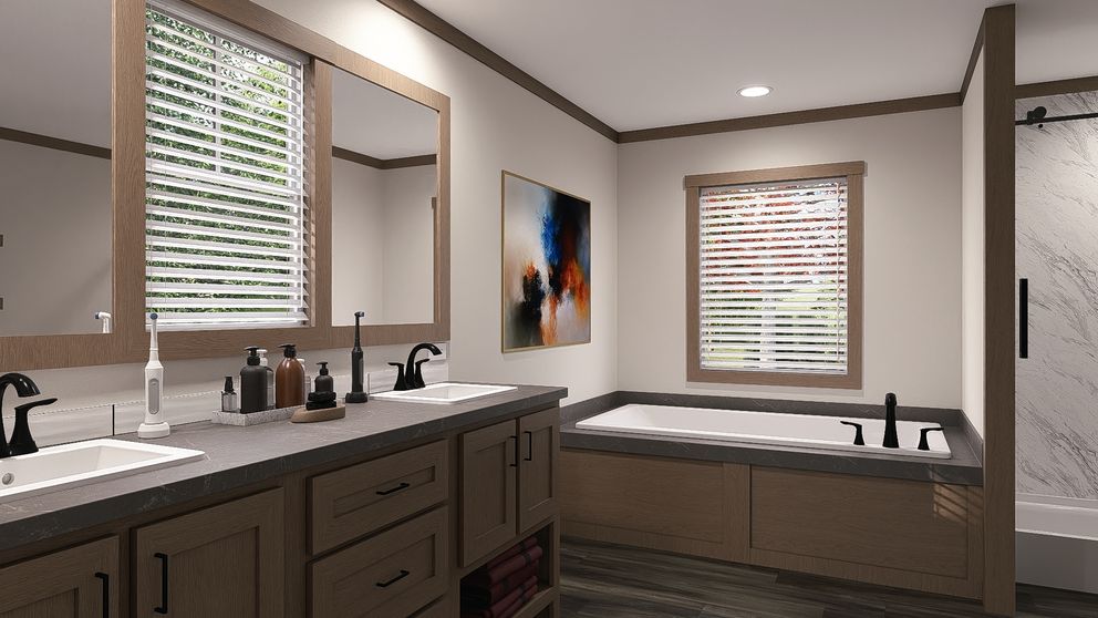 The FARM 4 FLEX ELITE Primary Bathroom. This Manufactured Mobile Home features 4 bedrooms and 3 baths.