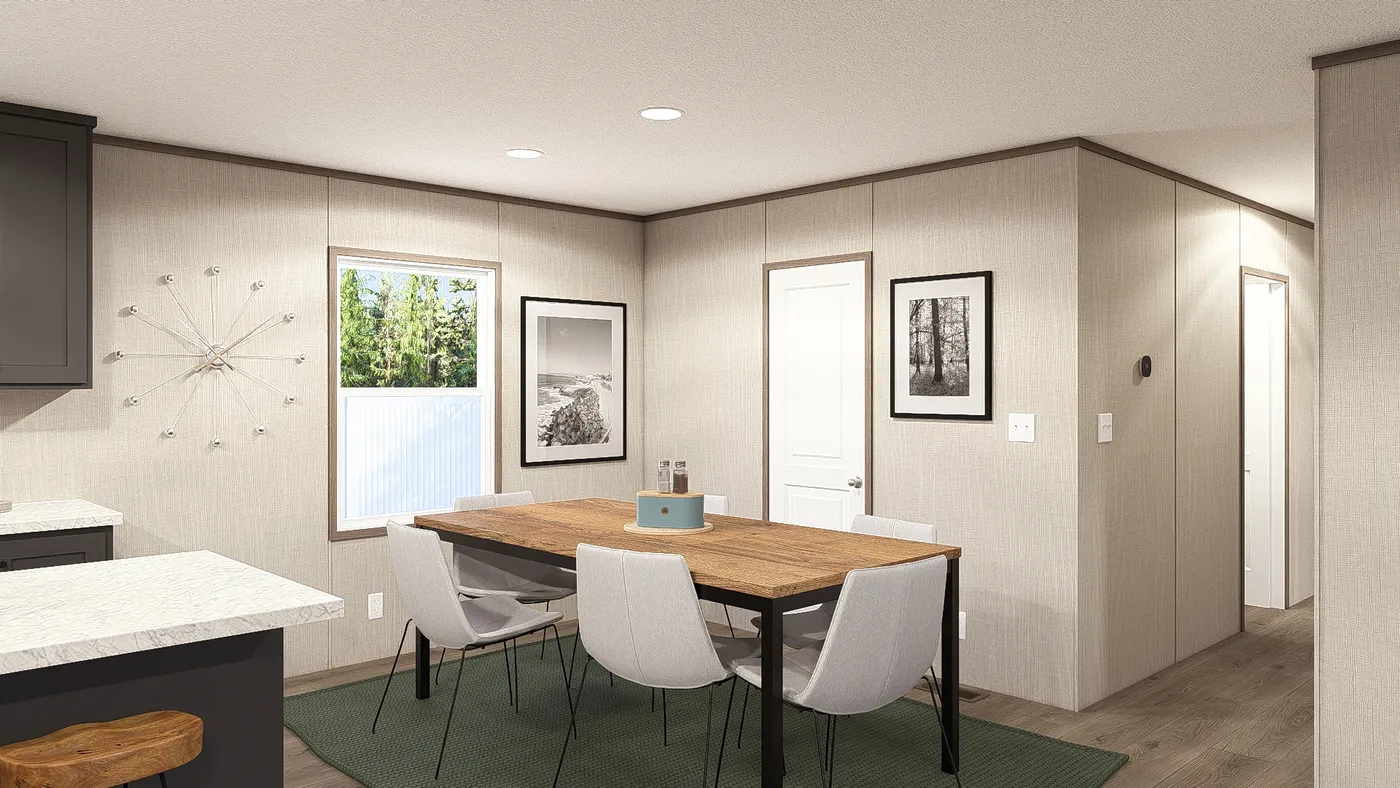 The LEGEND 28X56 3 BR Dining Room. This Manufactured Mobile Home features 3 bedrooms and 2 baths.