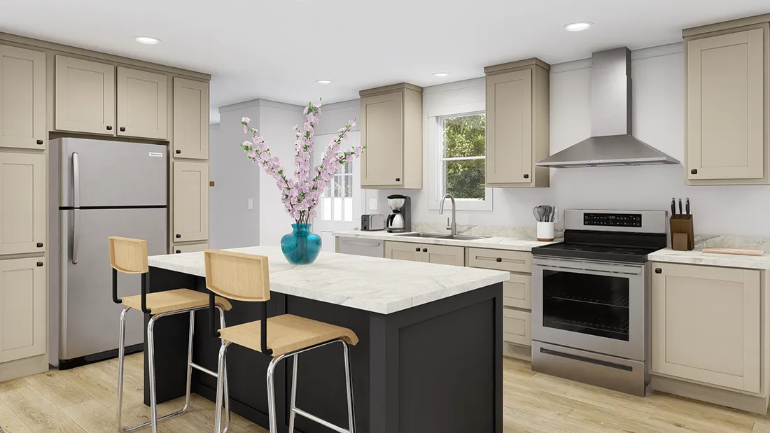 The PURPLE RAIN Kitchen. This Manufactured Mobile Home features 3 bedrooms and 2 baths.