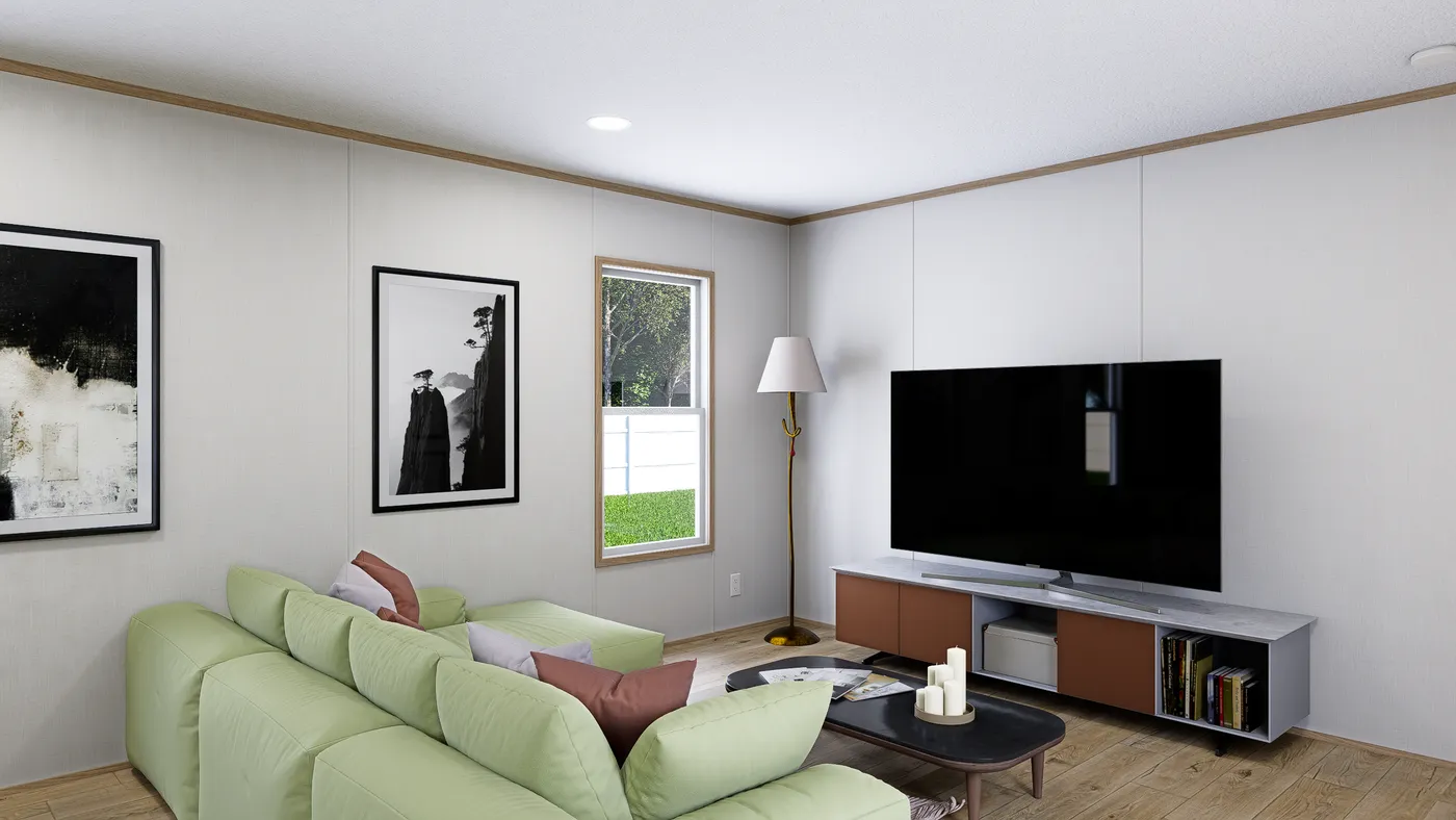 The ATLAS Living Room. This Manufactured Mobile Home features 2 bedrooms and 2 baths.