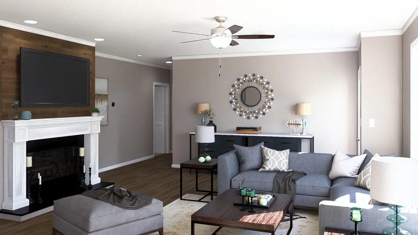 The THE ABIGAIL II Living Room. This Manufactured Mobile Home features 3 bedrooms and 2 baths.