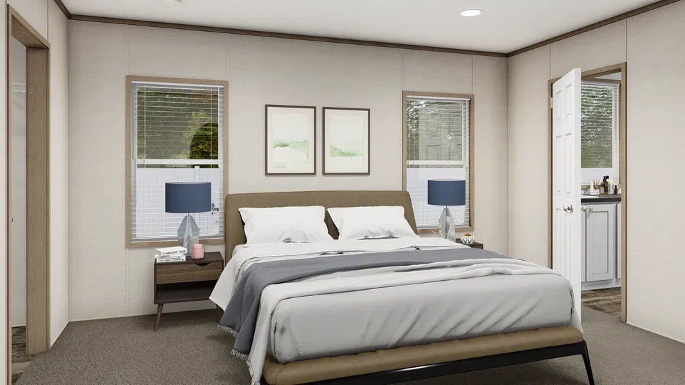The THE SOUTHERN FARMHOUSE Primary Bedroom. This Manufactured Mobile Home features 3 bedrooms and 2 baths.
