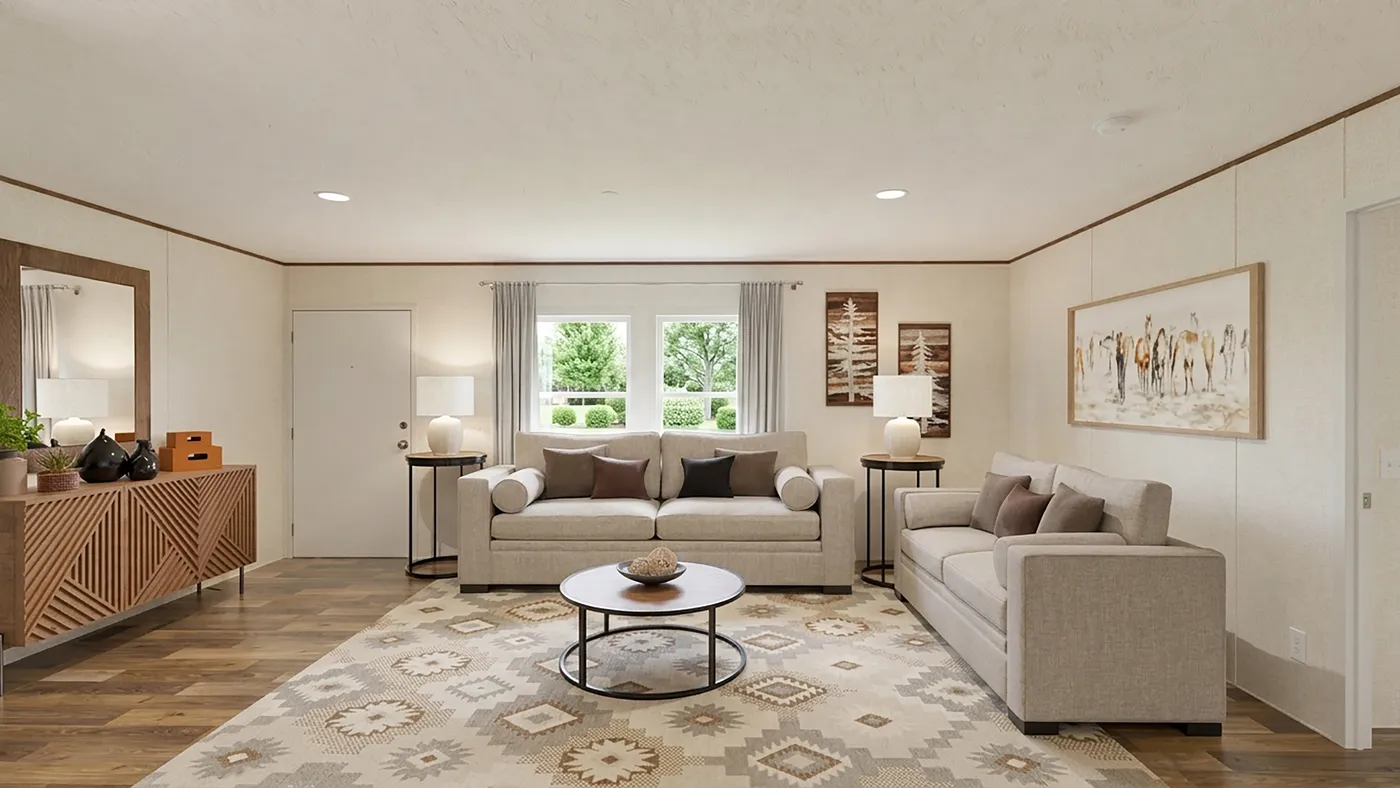 The MAPLE Living Room. This Manufactured Mobile Home features 3 bedrooms and 2 baths.