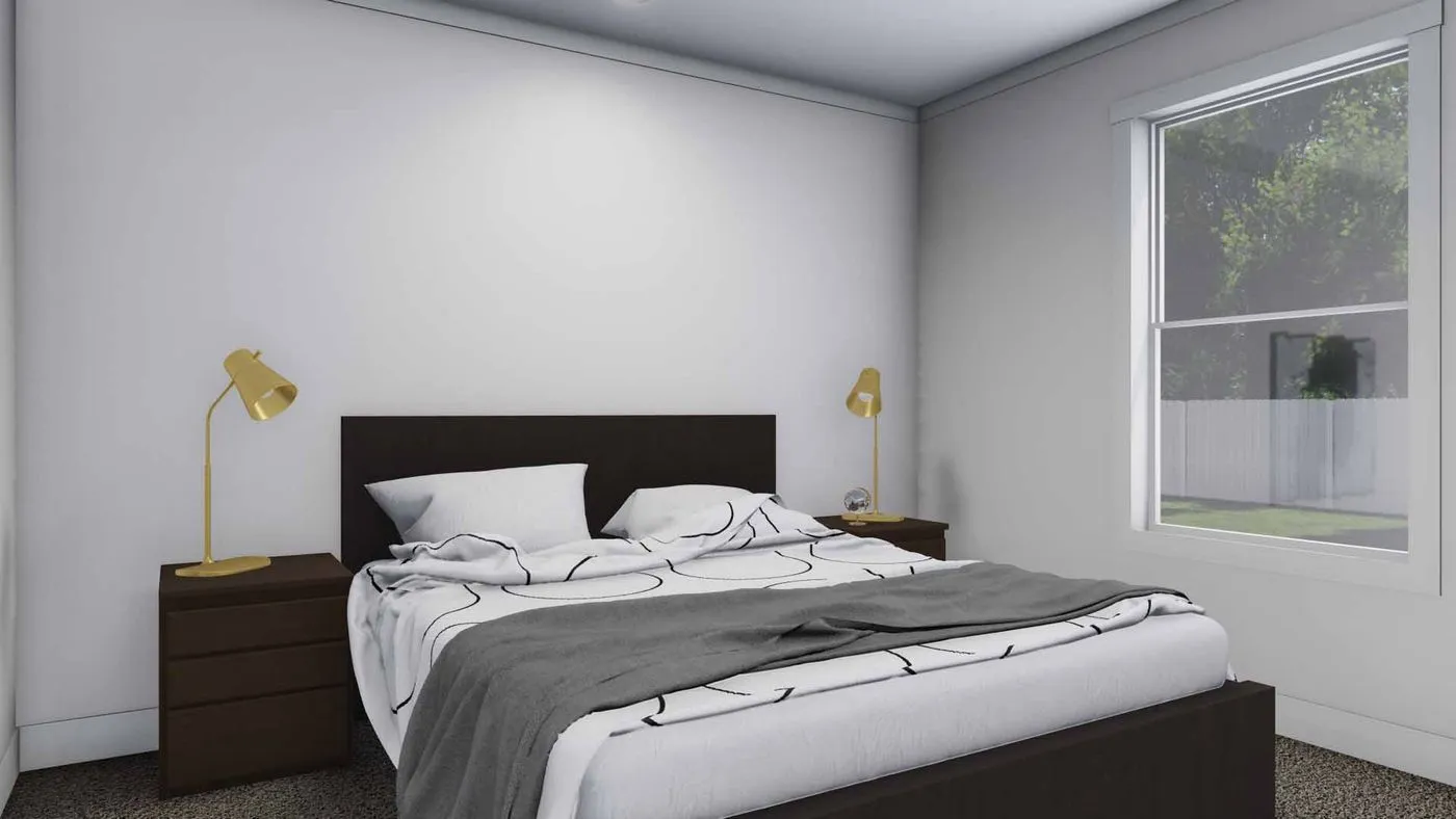 The RISING SUN Primary Bedroom. This Manufactured Mobile Home features 2 bedrooms and 2 baths.
