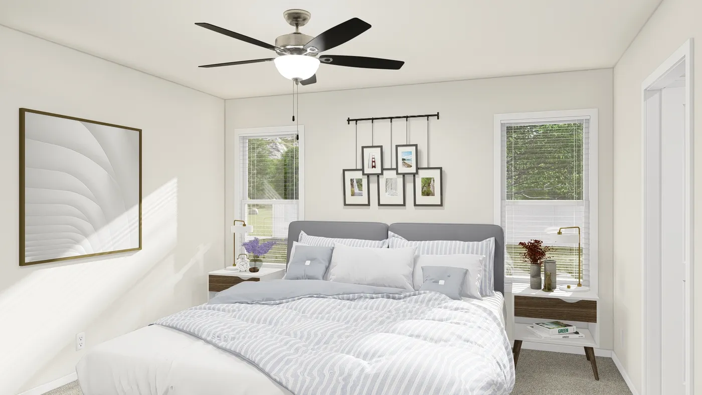 The DRM483F 48'              DREAM Primary Bedroom. This Manufactured Mobile Home features 3 bedrooms and 2 baths.