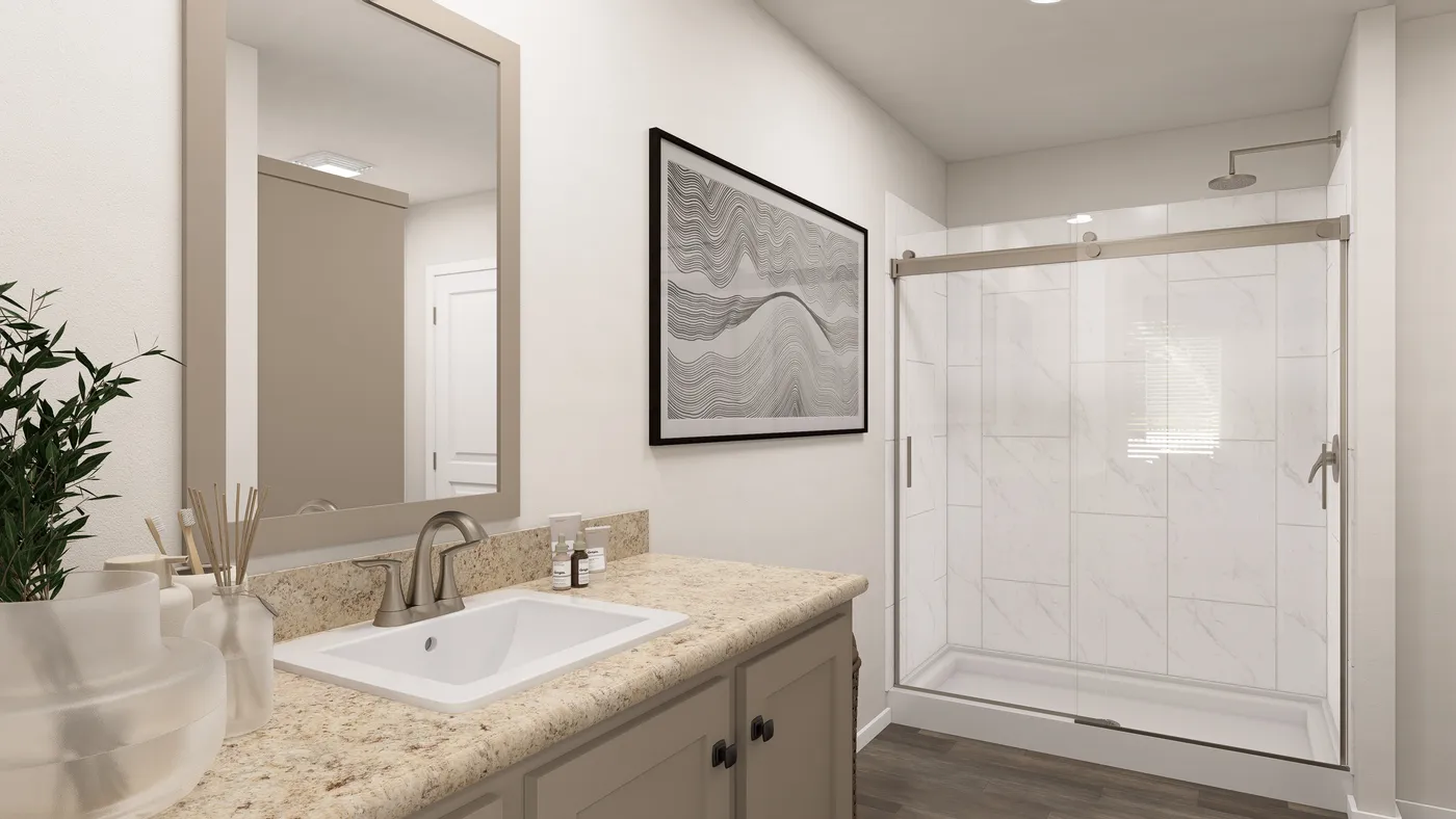 The DRM682F 68'              DREAM Primary Bathroom. This Manufactured Mobile Home features 4 bedrooms and 2 baths.