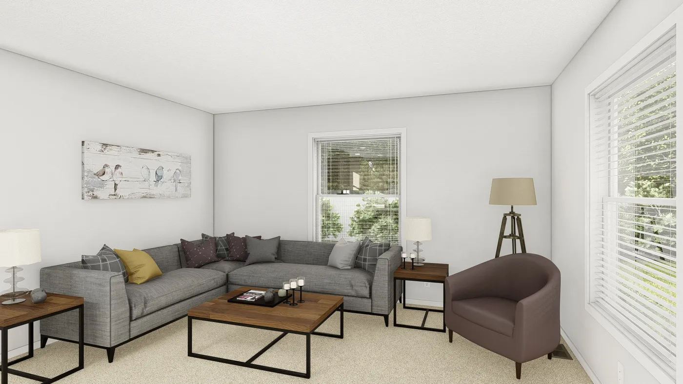 The DRM603N 1560'            DREAM Living Room. This Manufactured Mobile Home features 2 bedrooms and 2 baths.