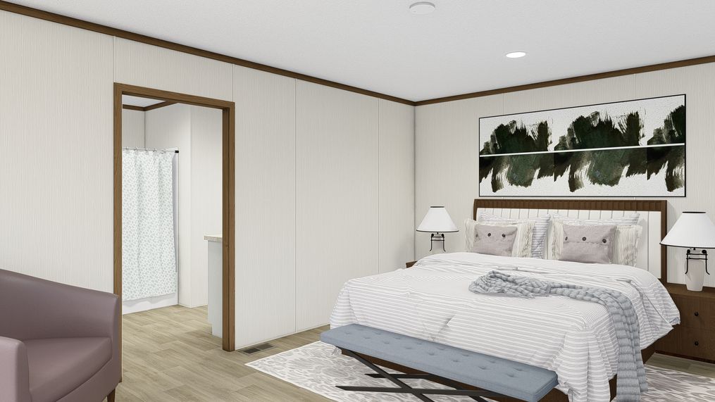 The SENSATION Primary Bedroom. This Manufactured Mobile Home features 3 bedrooms and 2 baths.