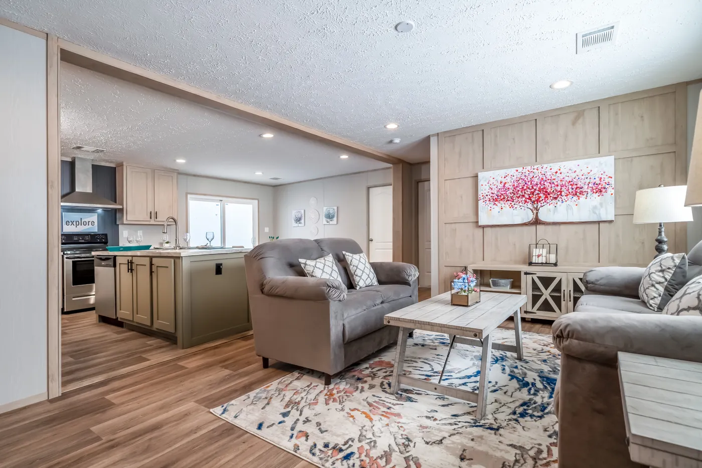 The DESOTO Living Room. This Manufactured Mobile Home features 3 bedrooms and 2 baths.