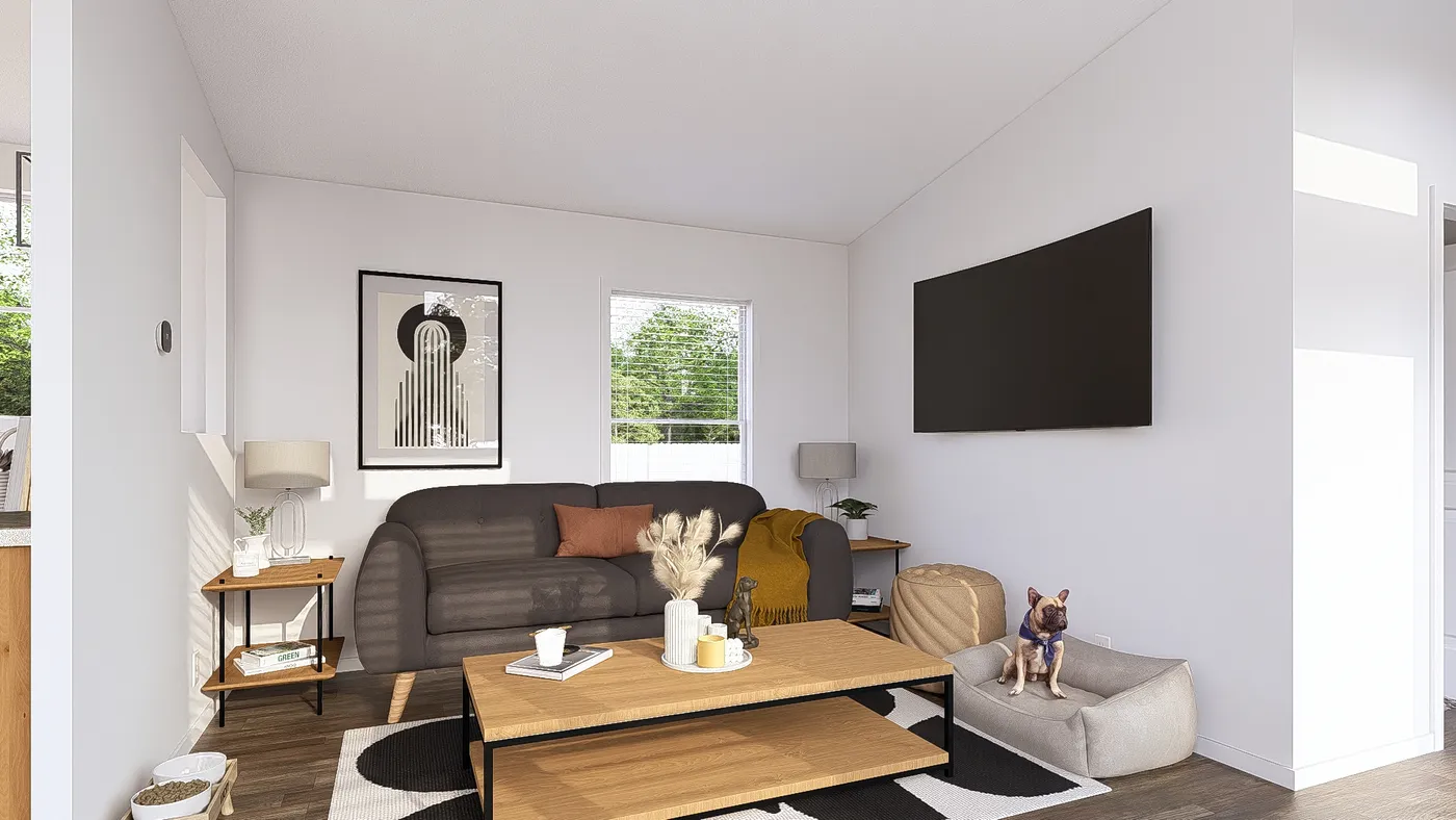 The DRM601M 60'              DREAM Living Room. This Manufactured Mobile Home features 1 bedroom and 2 baths.
