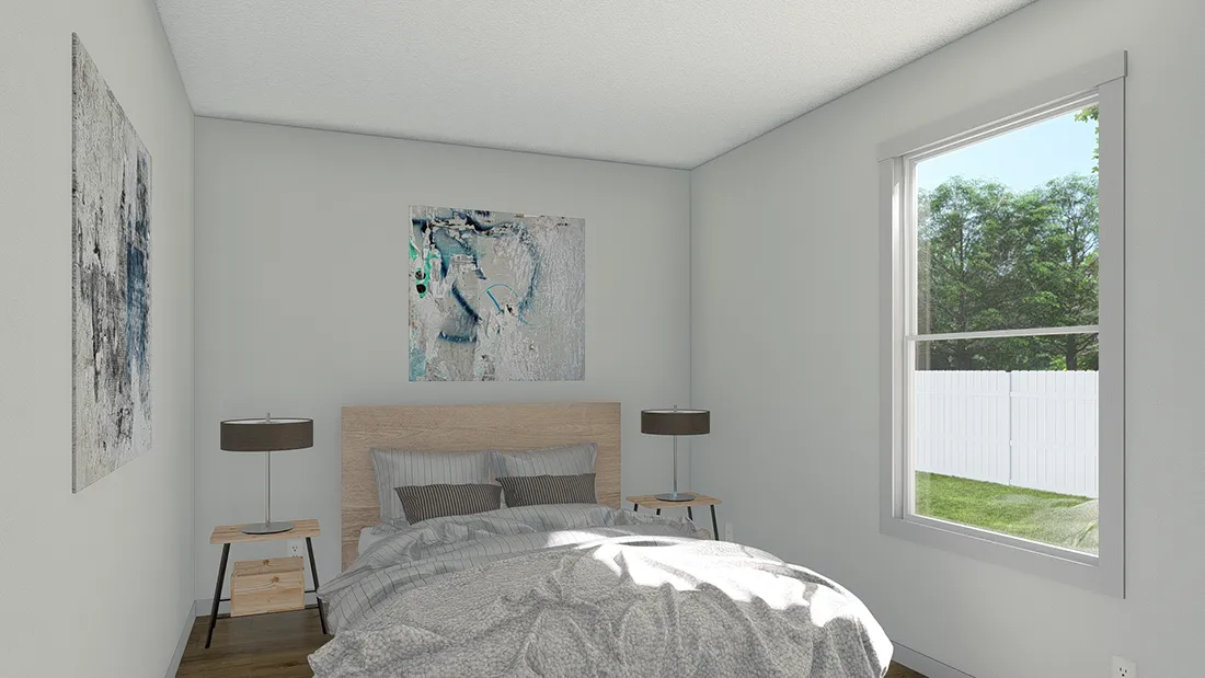 The SOLSBURY HILL 7616 TEMPO Bedroom. This Manufactured Mobile Home features 3 bedrooms and 2 baths.