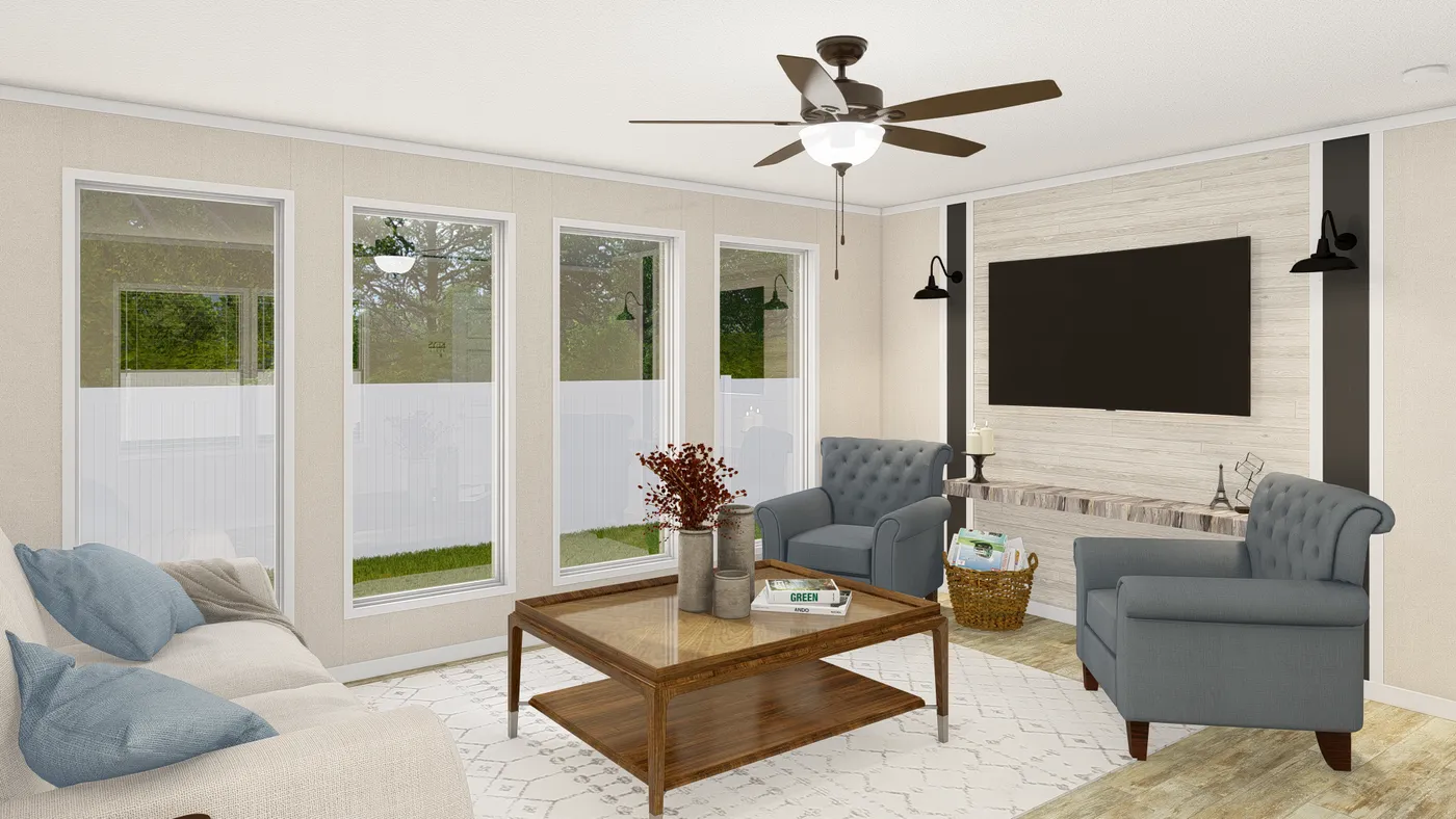 The GRAND LIVING 76B Living Room. This Manufactured Mobile Home features 3 bedrooms and 2 baths.