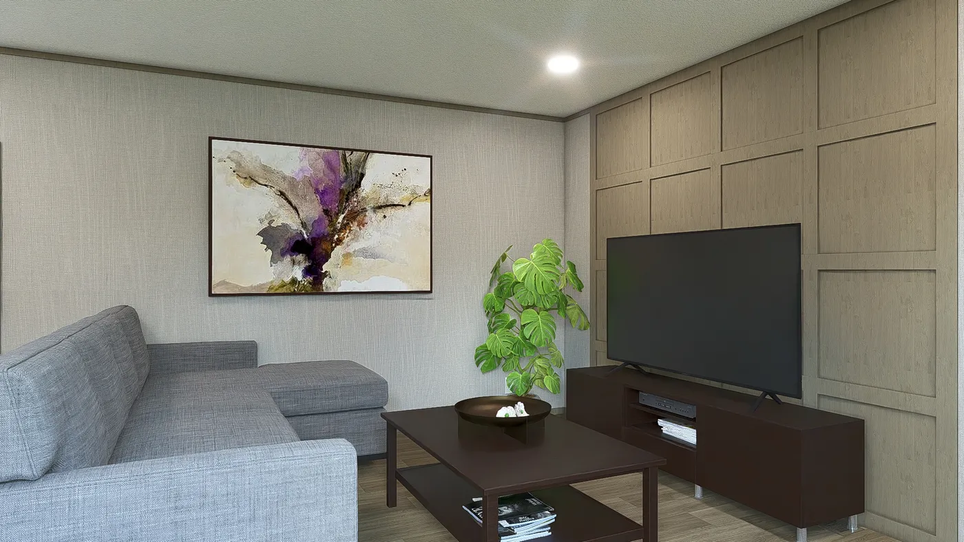 The ZION Living Room. This Manufactured Mobile Home features 3 bedrooms and 2 baths.