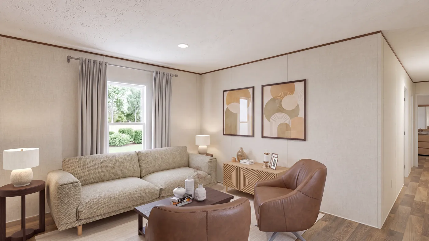 The MAGNOLIA Living Room. This Manufactured Mobile Home features 3 bedrooms and 2 baths.