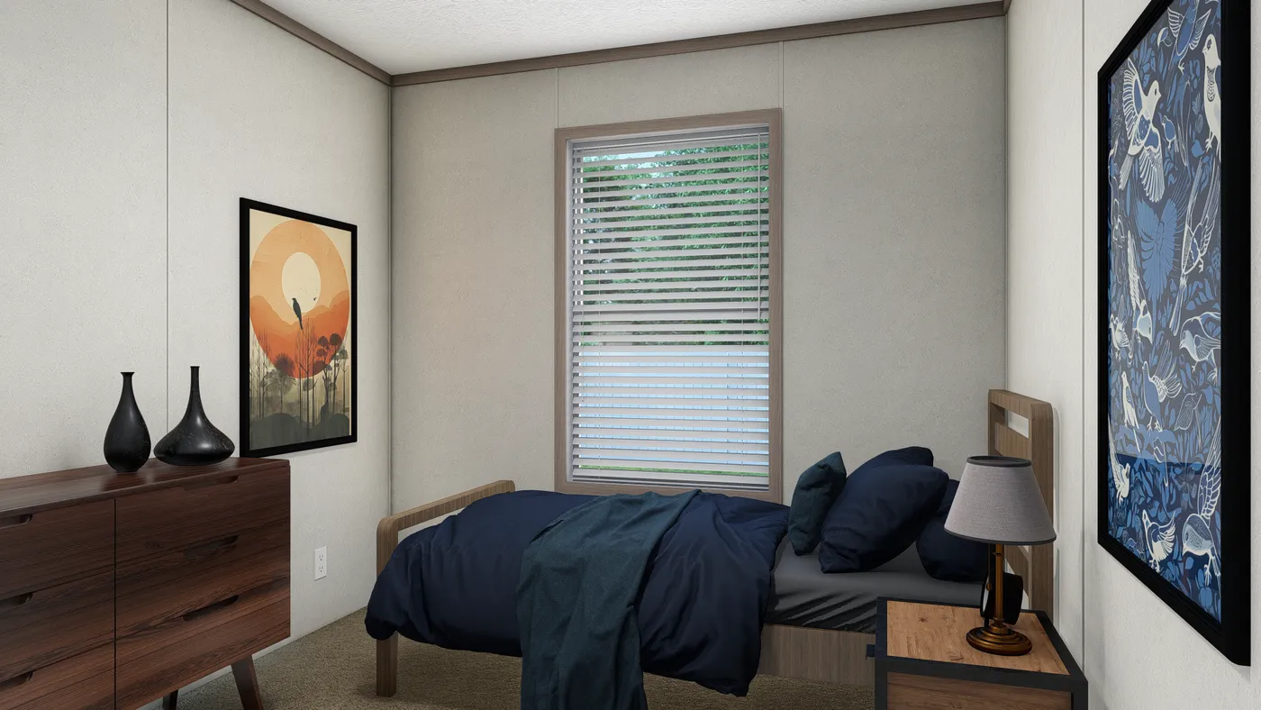 The 6616-4711 THE PULSE Guest Bedroom. This Manufactured Mobile Home features 3 bedrooms and 2 baths.