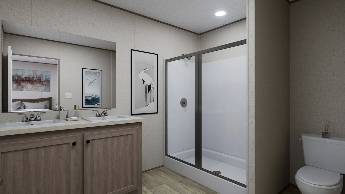 The FOOTHILLS 72 Primary Bathroom. This Manufactured Mobile Home features 3 bedrooms and 2 baths.