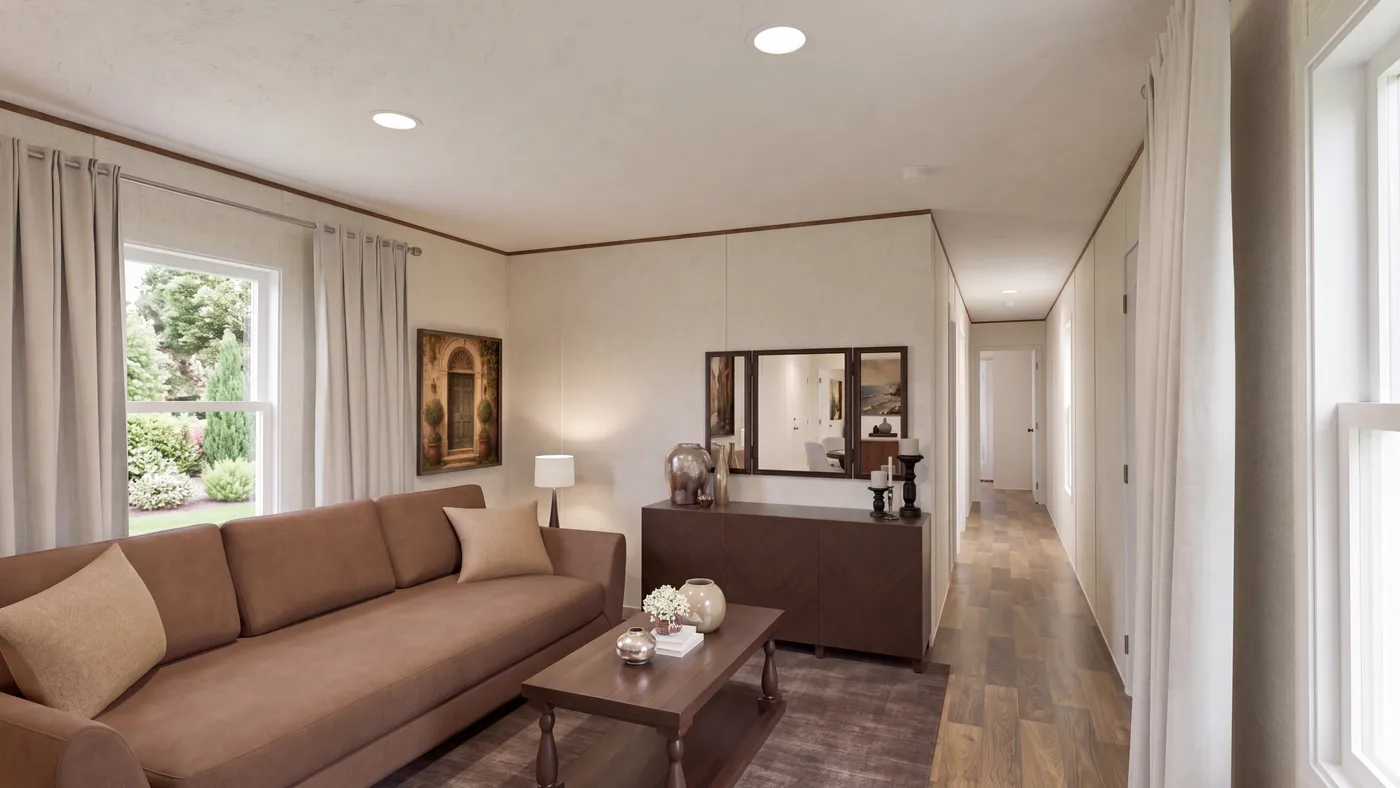 The CYPRESS Living Room. This Manufactured Mobile Home features 4 bedrooms and 2 baths.