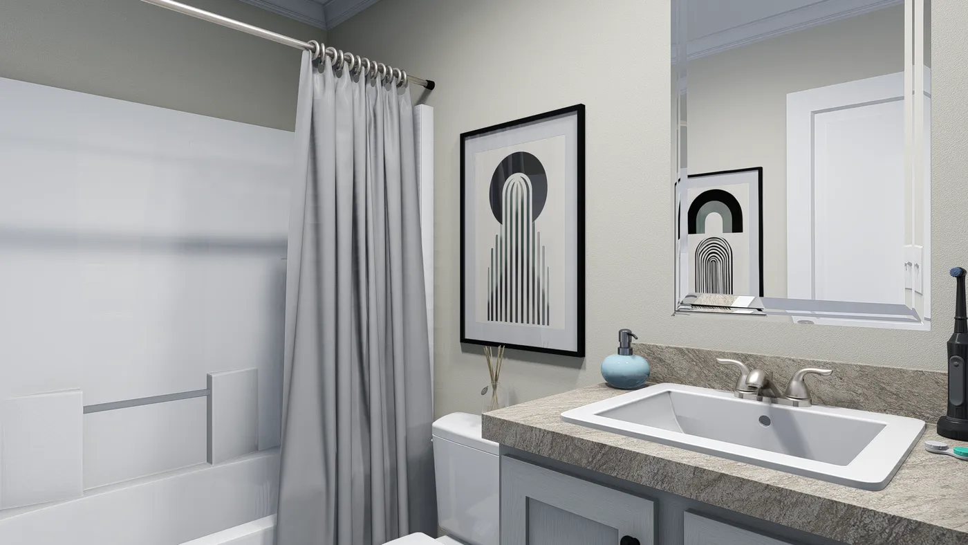 The 5400 "WILDWOOD" 58'4X16 Guest Bathroom. This Manufactured Mobile Home features 2 bedrooms and 2 baths.