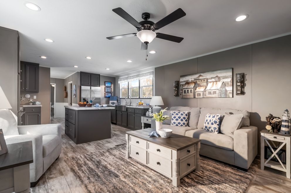 The THE DRIFTWOOD Living Room. This Manufactured Mobile Home features 3 bedrooms and 2 baths.
