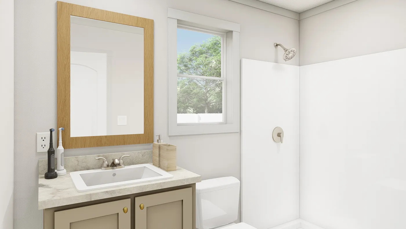 The 1010 "GOOD VIBRATIONS" 6614 Guest Bathroom. This Manufactured Mobile Home features 3 bedrooms and 2 baths.