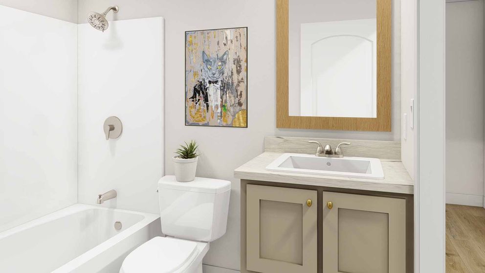 The BORN TO RUN Guest Bathroom. This Manufactured Mobile Home features 2 bedrooms and 2 baths.