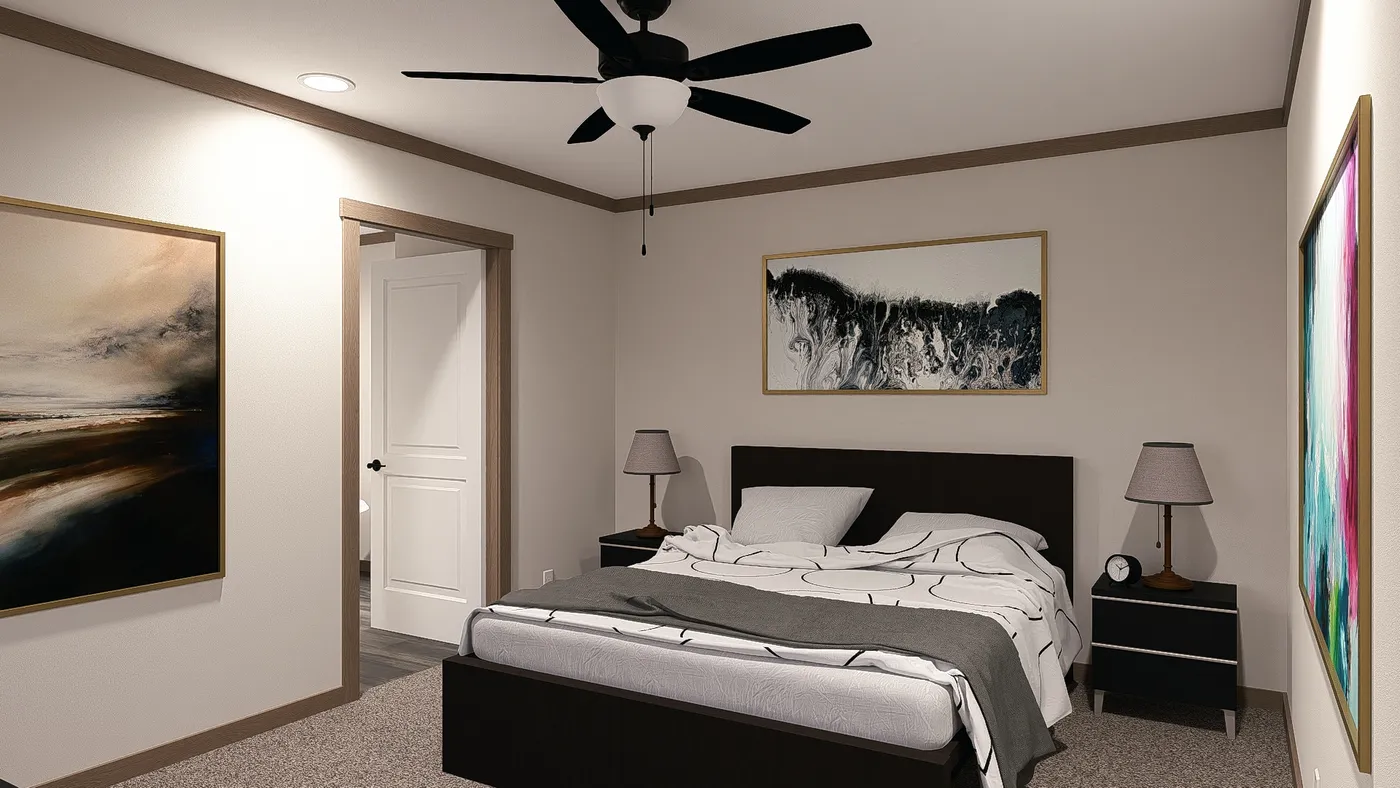 The LEXI Primary Bedroom. This Manufactured Mobile Home features 3 bedrooms and 2 baths.