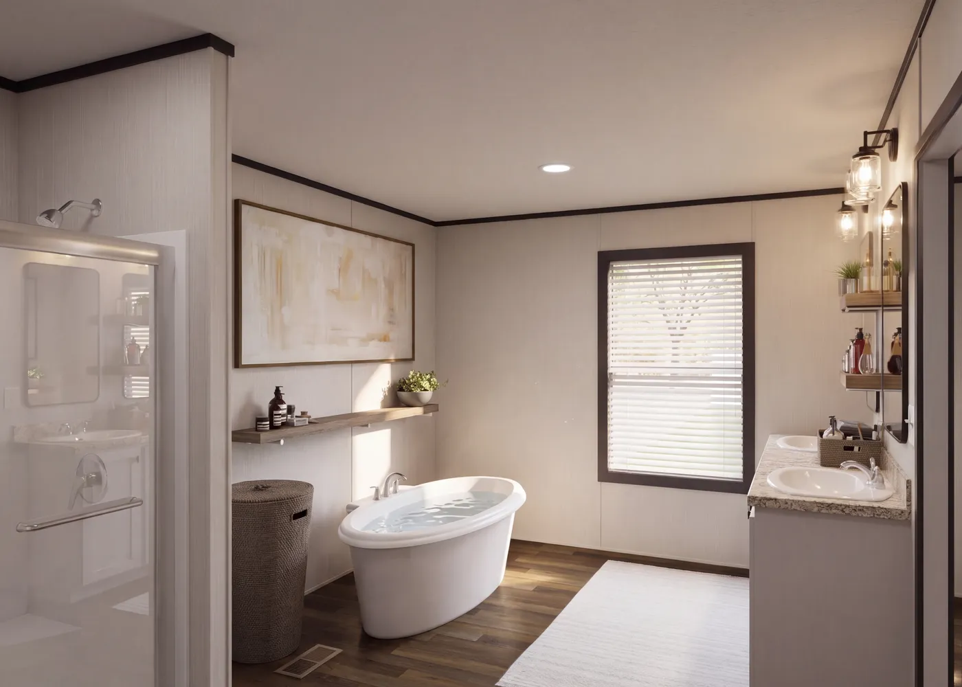 The THE FUSION 32H Primary Bathroom. This Manufactured Mobile Home features 5 bedrooms and 3 baths.