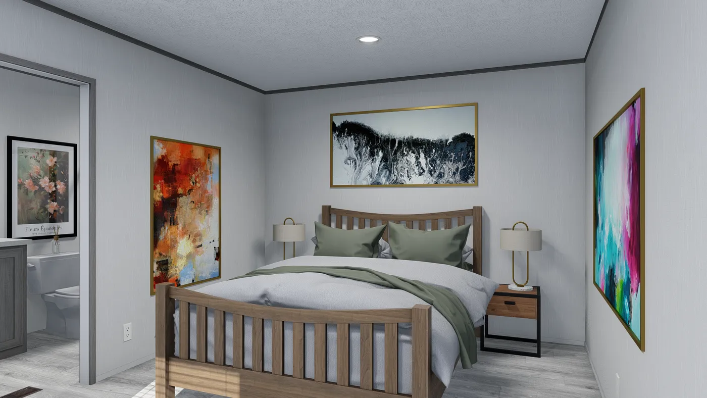 The AUGUSTA Primary Bedroom. This Manufactured Mobile Home features 3 bedrooms and 2 baths.