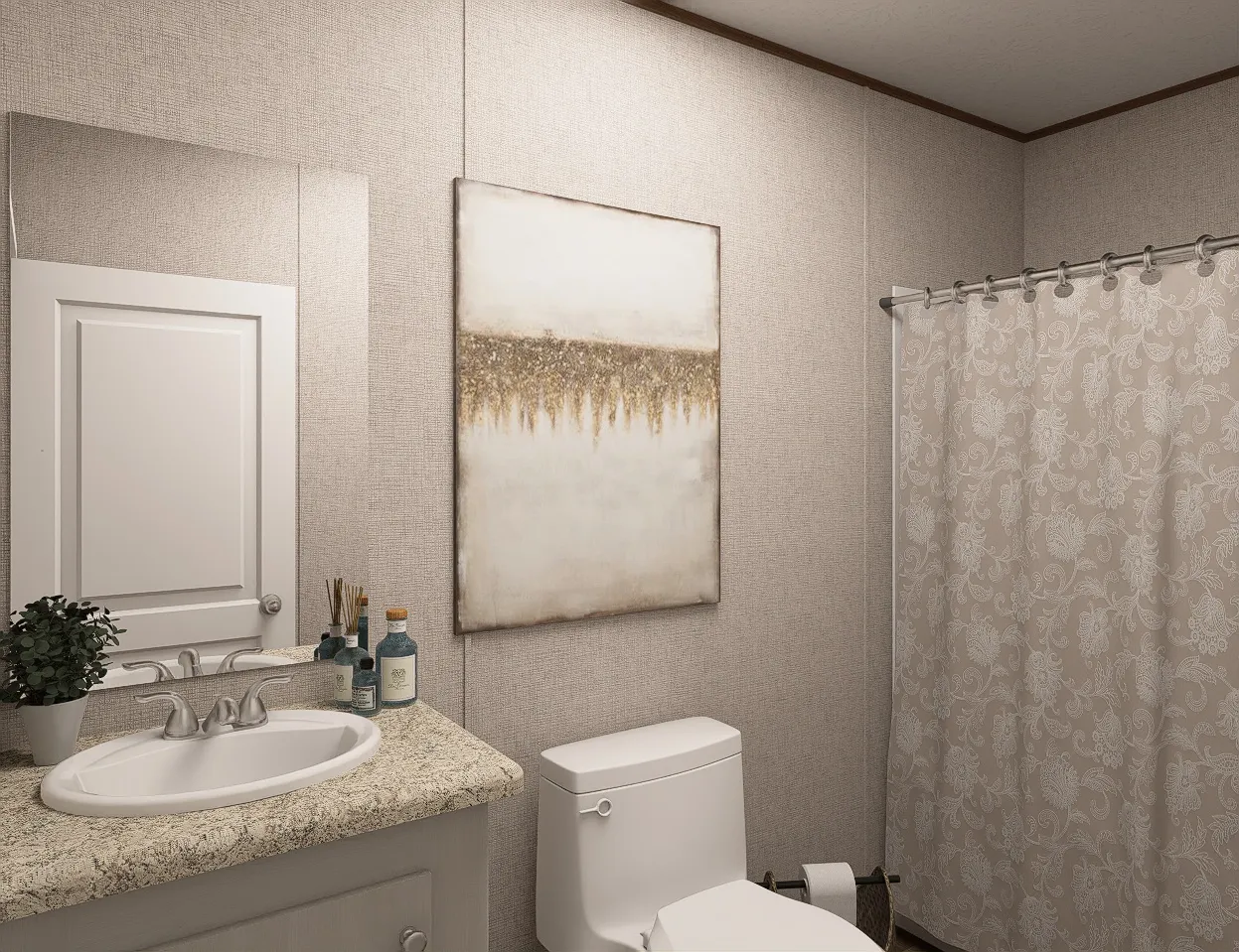 The REDWOOD Guest Bathroom. This Manufactured Mobile Home features 5 bedrooms and 3 baths.