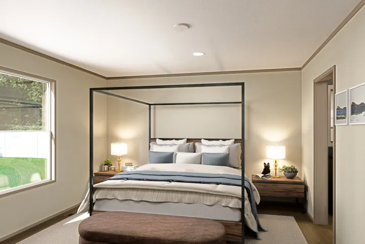 The RAINIER Primary Bedroom. This Manufactured Mobile Home features 4 bedrooms and 3 baths.