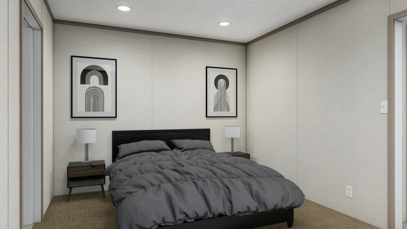 The 6616-4711 THE PULSE Primary Bedroom. This Manufactured Mobile Home features 3 bedrooms and 2 baths.