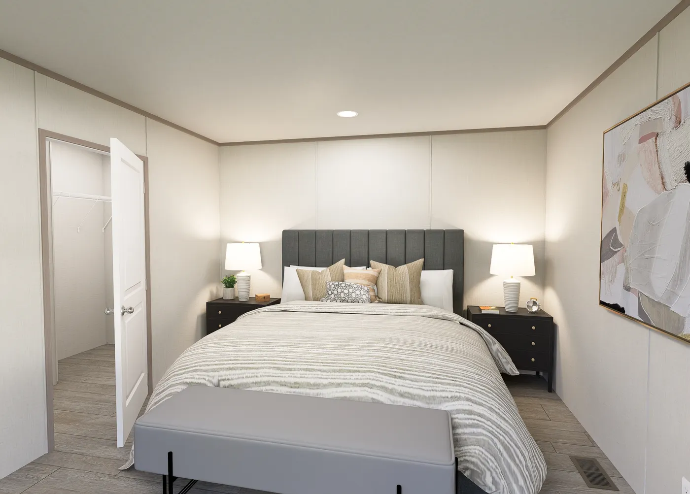 The FLEX COASTAL BREEZE Primary Bedroom. This Manufactured Mobile Home features 3 bedrooms and 2 baths.