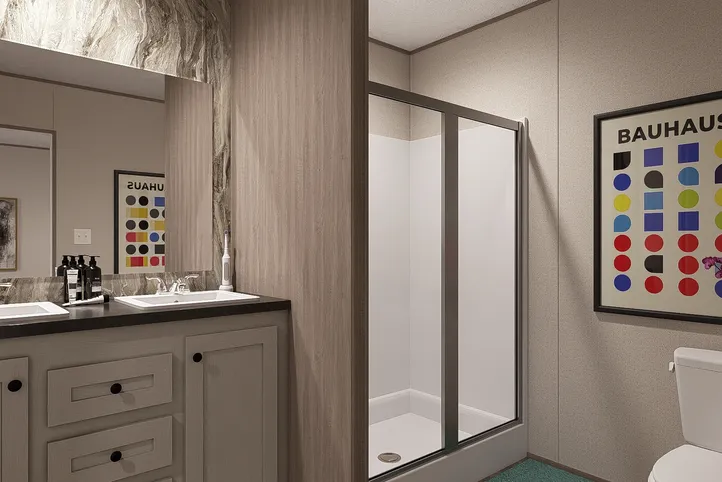 The BLAZER 66 F Primary Bathroom. This Manufactured Mobile Home features 3 bedrooms and 2 baths.