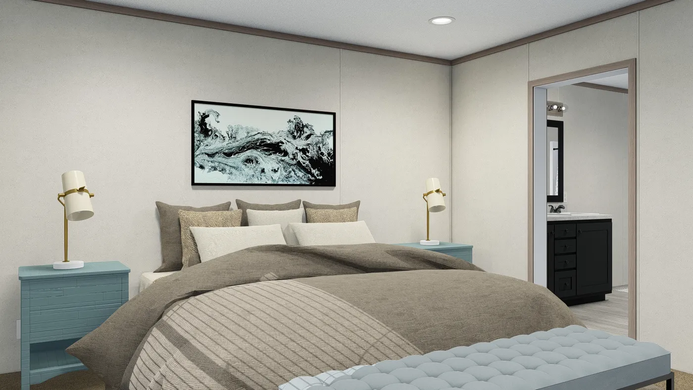 The 4828-5783 THE PULSE Primary Bedroom. This Manufactured Mobile Home features 3 bedrooms and 2 baths.