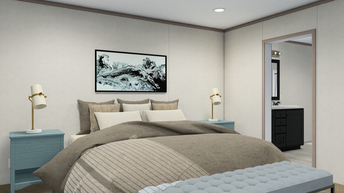 The 4828-5783 THE PULSE Primary Bedroom. This Manufactured Mobile Home features 3 bedrooms and 2 baths.