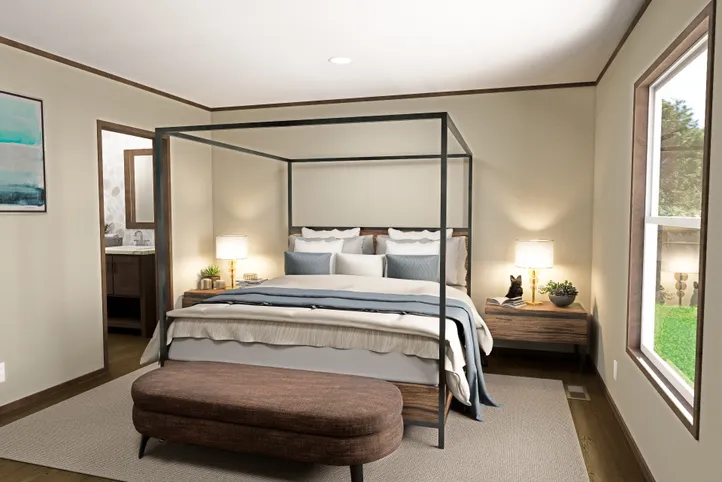 The MOROCCO Primary Bedroom. This Manufactured Mobile Home features 4 bedrooms and 2 baths.
