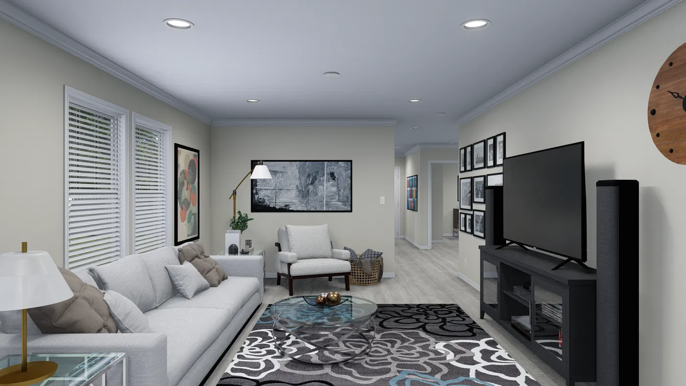 The 5425 "RIDGE" 7628 Family Room. This Manufactured Mobile Home features 4 bedrooms and 2 baths.