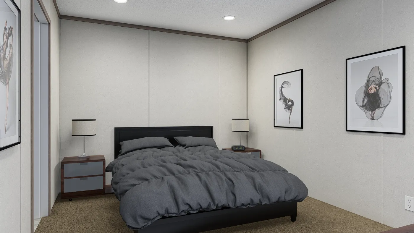 The 7616-4791 THE PULSE Primary Bedroom. This Manufactured Mobile Home features 3 bedrooms and 2 baths.
