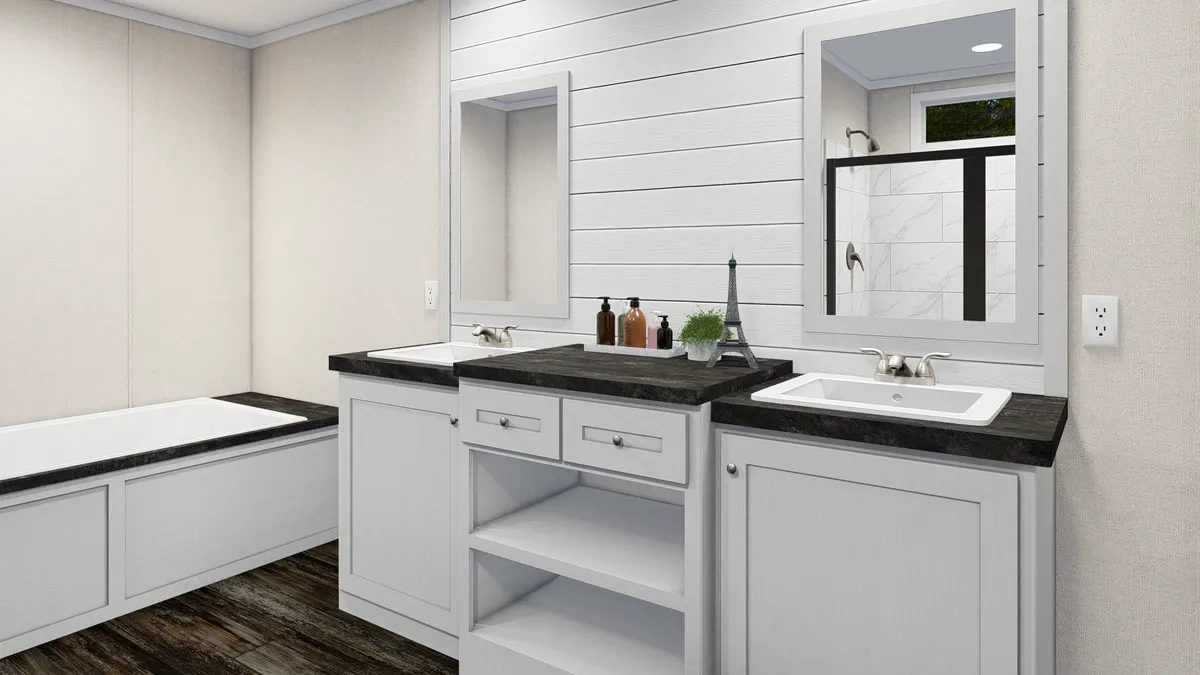 The NORTHSHORE Primary Bathroom. This Manufactured Mobile Home features 3 bedrooms and 2 baths.