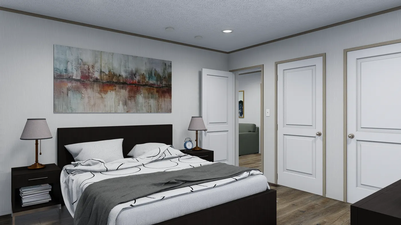 The HARTFORD Primary Bedroom. This Manufactured Mobile Home features 3 bedrooms and 2 baths.
